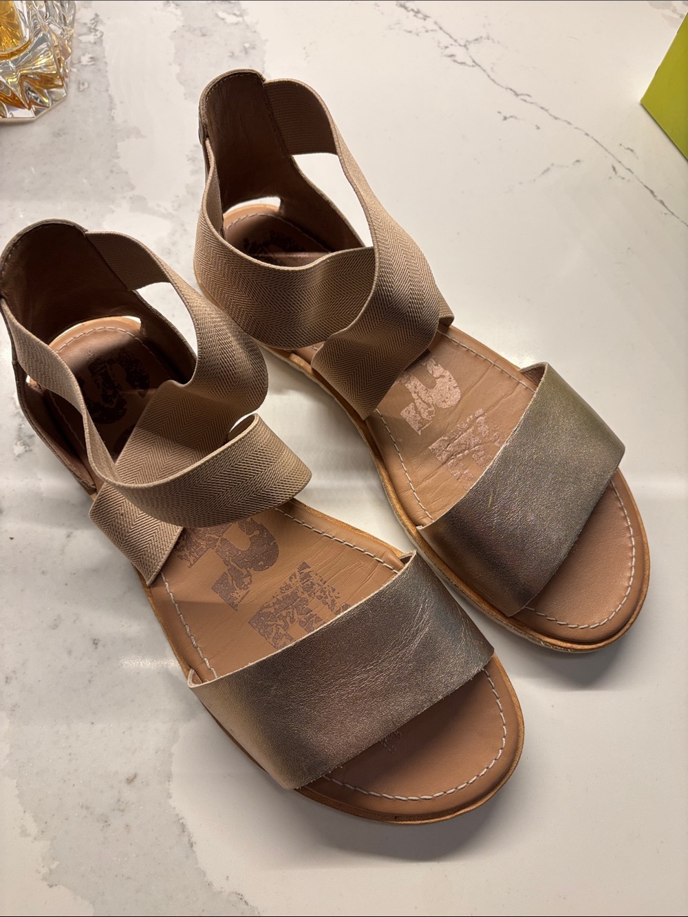 Sorel Metallic Taupe and Beige Elastic Strap Sandals
